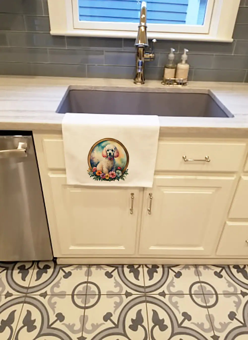 White Poodle and Flowers Kitchen Towel Set of 2